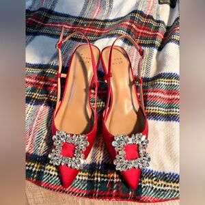 Elegant Red Satin Slingback Heels with Crystal Embellishments